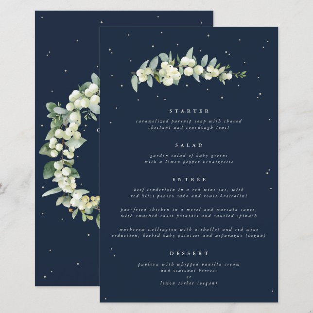 Navy Snowberry+Eucalyptus 4 Course Wedding Menu (Front/Back)
