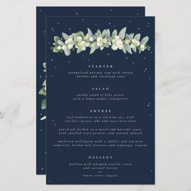 Navy Snowberry+Eucalyptus 4 Course Wedding Menu (Front/Back)