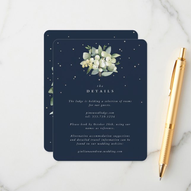 Navy Snowberry+Eucalyptus Bouquet Wedding Details Enclosure Card (Front/Back In Situ)