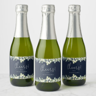 Navy Snowberry+Eucalyptus Bridal Shower Mini Sparkling Wine Label