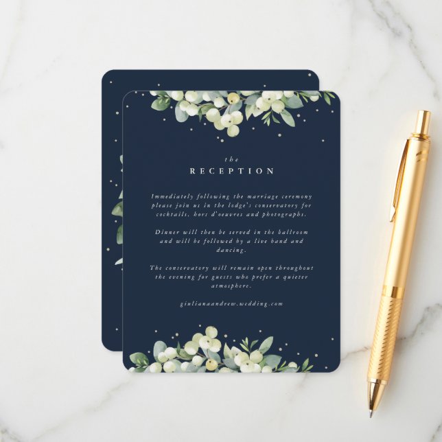 Navy Snowberry+Eucalyptus Edged Wedding Reception Enclosure Card (Front/Back In Situ)
