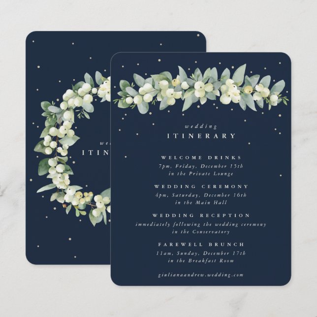 Navy Snowberry+Eucalyptus Garland Wedding Events Enclosure Card (Front/Back)