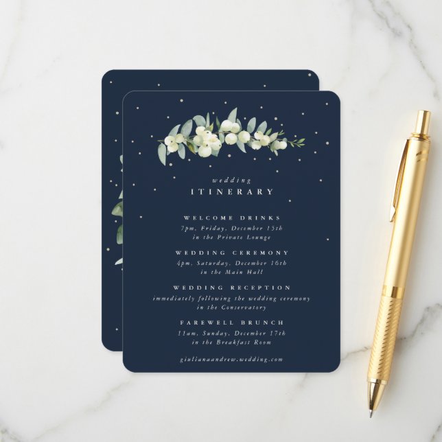 Navy Snowberry+Eucalyptus Stem Wedding Itinerary Enclosure Card (Front/Back In Situ)