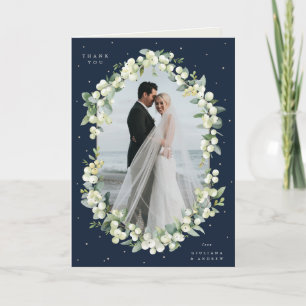 Navy Snowberry+Eucalyptus Wedding Photo Folded Thank You Card