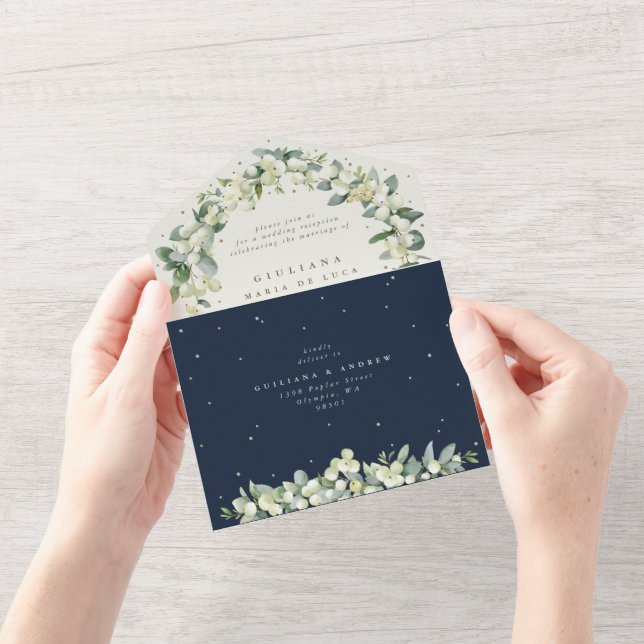 Navy Snowberry+Eucalyptus Wedding Reception Only All In One Invitation (Opening)