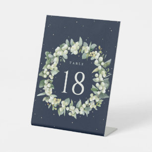 Navy Snowberry+Eucalyptus Wedding Table Number Pedestal Sign
