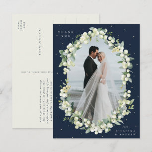 Navy Snowberry+Eucalyptus Wedding Thank You Photo Postcard