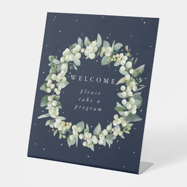 Navy Snowberry+Eucalyptus Welcome Program Table Pedestal Sign (Front)
