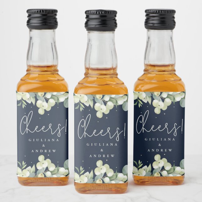 Navy Snowberry+Eucalyptus Winter Wedding Mini Liquor Bottle Label (Bottles)