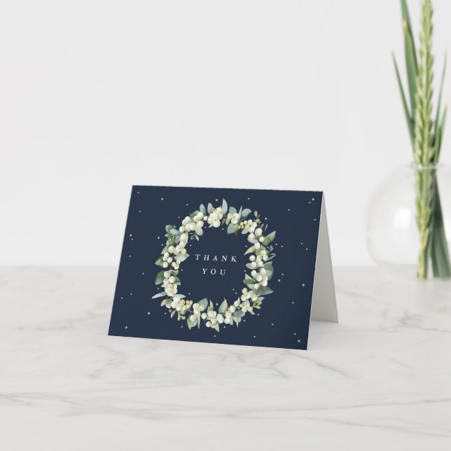 Navy Snowberry+Eucalyptus Wreath Wedding Note Thank You Card (Front)