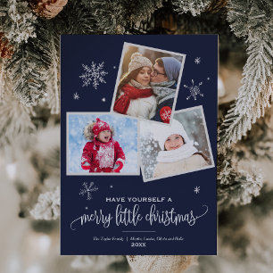 Navy Snowflake   3 Photo Christmas Holiday Card