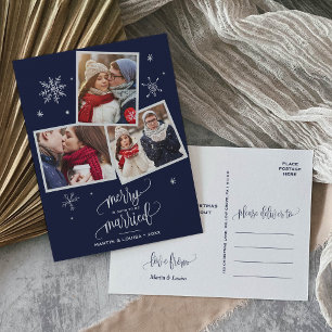 Navy Snowflake   3 Photo Engagement Christmas Holiday Postcard