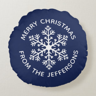 Navy Snowflake Christmas Round Pillow
