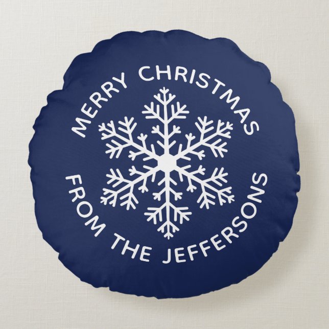 Navy Snowflake Christmas Round Pillow (Front)
