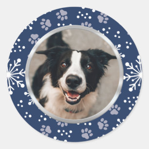 Navy Snowflake Paw Pattern Pet Photo Classic Round Sticker
