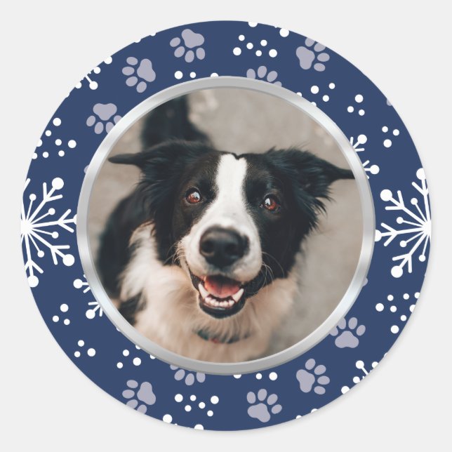 Navy Snowflake Paw Pattern Pet Photo Classic Round Sticker (Front)