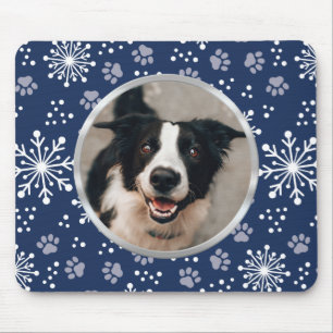 Navy Snowflake Paw Pattern Pet Photo Mouse Pad