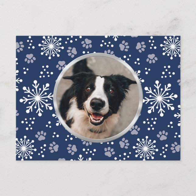 Navy Snowflake Paw Pattern Pet Photo Postcard (Front)