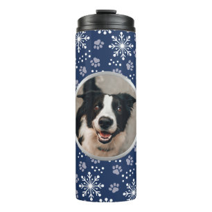 Navy Snowflake Paw Pattern Pet Photo Thermal Tumbler