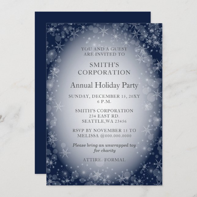 Navy Snowflakes Elegant Corporate Holiday Party  Invitation (Front/Back)