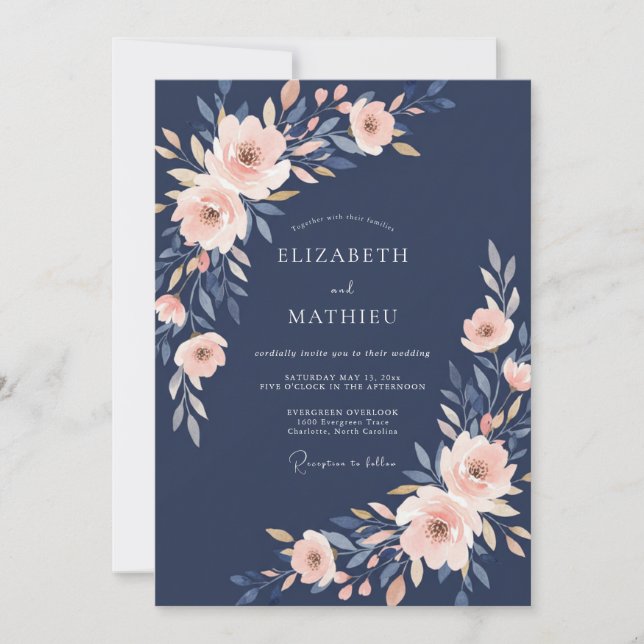 Navy Soft Blossom Romance Wedding Invitation (Front)