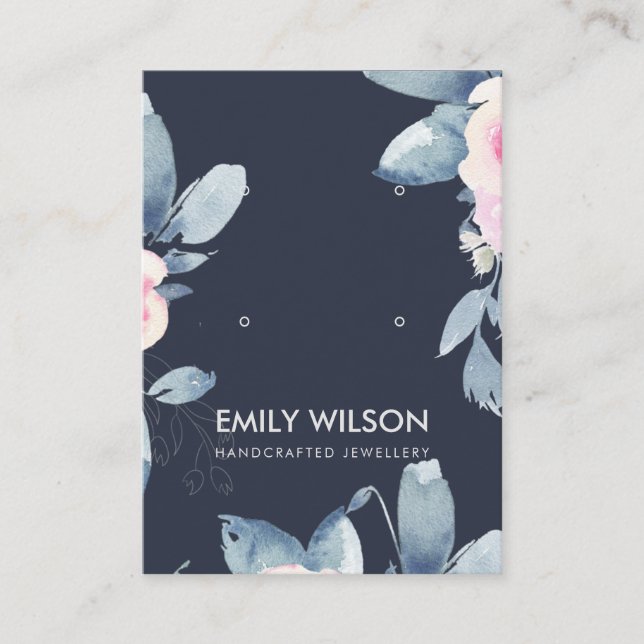 NAVY SOFT BLUSH SKY BLUE FLORAL EARRING DISPLAY BUSINESS CARD (Front)