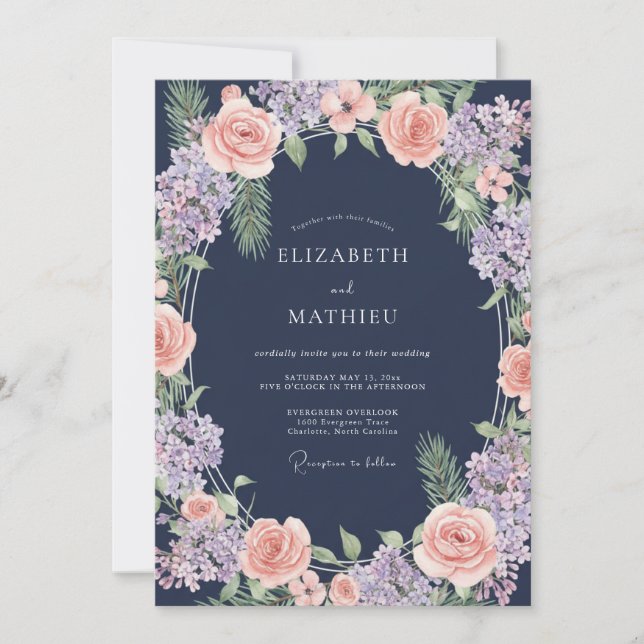 Navy Soft Peach Botanical Wedding Invitation (Front)