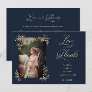 Navy Sophisticated Flourish Photo Wedding Love and Thank You Card