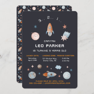 Navy Space Galaxy Rocket Theme Invitation