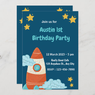 Navy Space Rocket Birthday Party Invitation