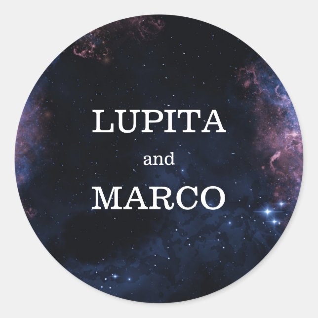 Navy Space Theme Elegant Stars Galaxy Wedding Classic Round Sticker (Front)