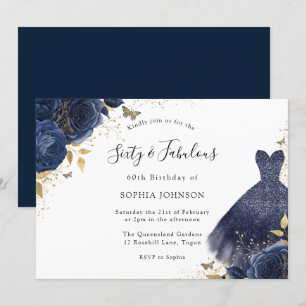 Navy Sparkle Dress 60th Birthday Sixty & Fabulous Invitation