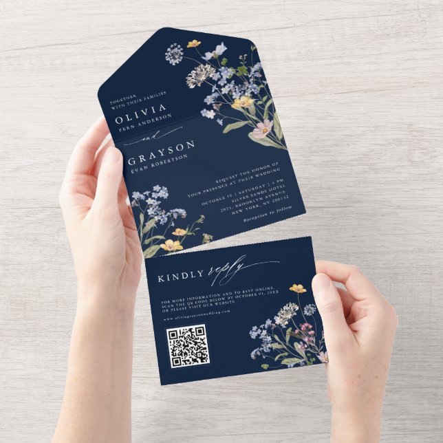 Navy Spring Wildflower Meadow Garden Wedding   All In One Invitation (Tearaway)