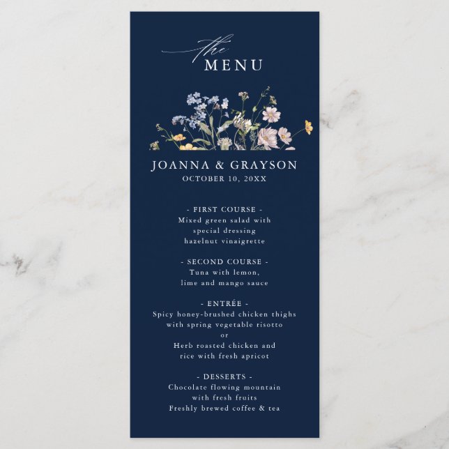 Navy Spring Wildflower Meadow Garden Wedding  Menu (Front)