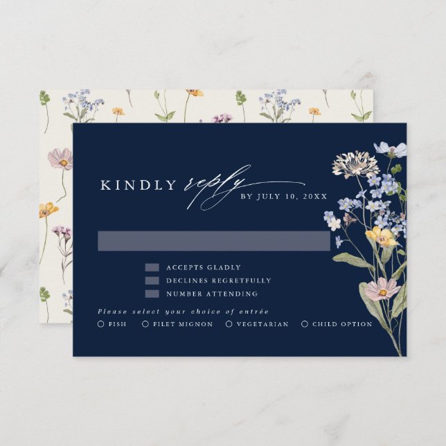 Navy Spring Wildflower Meadow Garden Wedding  RSVP Card (Front/Back)