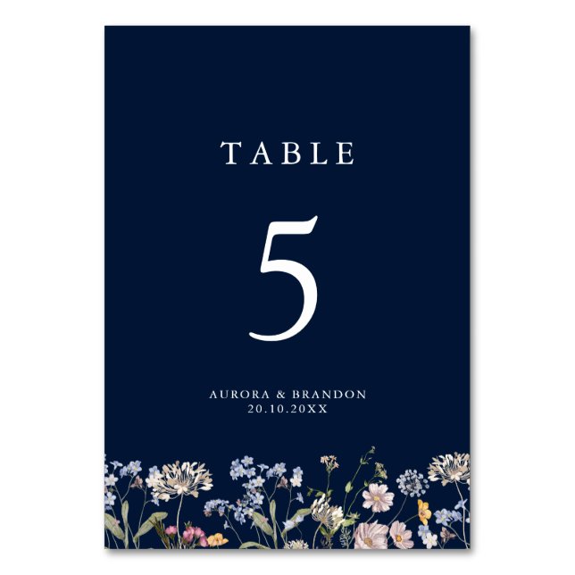 Navy Spring Wildflower Meadow Garden Wedding  Table Number (Front)