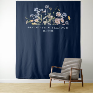 Navy Spring Wildflower Meadow Garden Wedding Tapestry