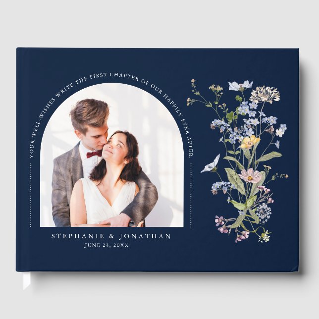 Navy Spring Wildflower Meadow Wedding Photo    Guest Book (Front)