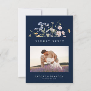 Navy Spring Wildflower Meadow Wedding QR Code  RSVP Card