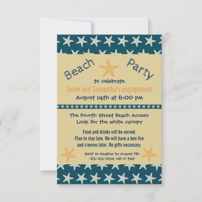 Navy Starfish Beach - 3x5 Engagement Party Invite (Front)