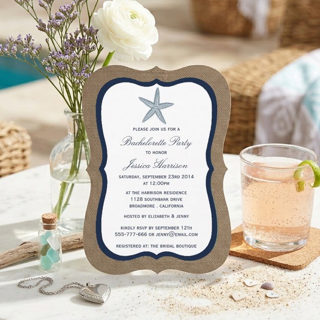 Navy Starfish Beach Burlap Bachelorette Party Invitation (Creator Uploaded)