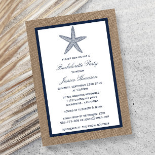 Navy Starfish Beach Burlap Bachelorette Party Invitation
