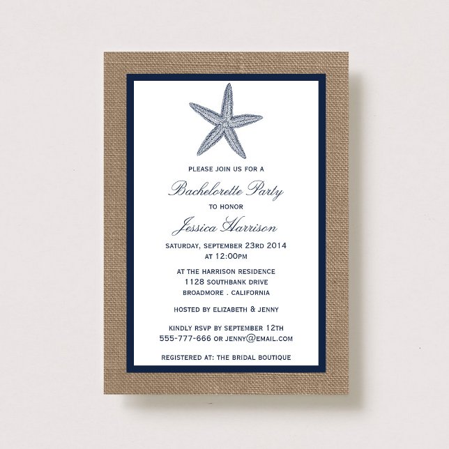 Navy Starfish Beach Burlap Bachelorette Party Invitation (Creator Uploaded)