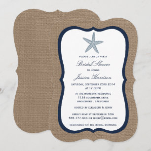 Navy Starfish Beach Burlap Bridal Shower Invitation