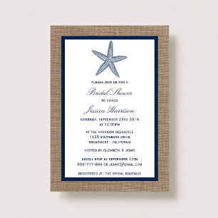 Navy Starfish Beach Burlap Bridal Shower Invitation