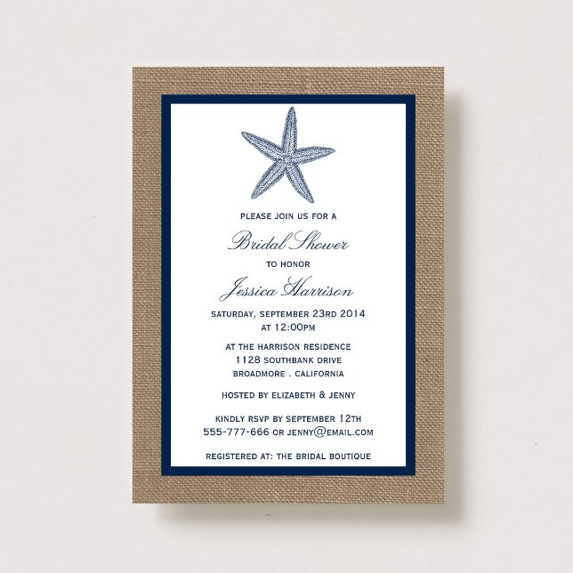 Navy Starfish Beach Burlap Bridal Shower Invitation (Creator Uploaded)