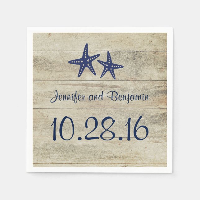 Navy Starfish Rustic Driftwood Beach Wedding Napkin (Front)