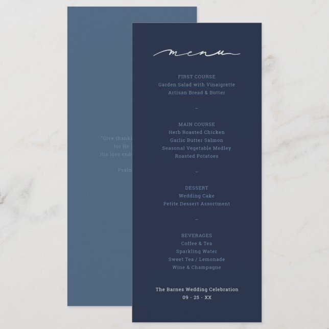 Navy & Steel Blue Hand Lettered Script Wedding Menu (Front/Back)