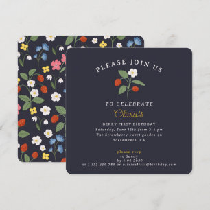 Navy Strawberry first birthday Invitation