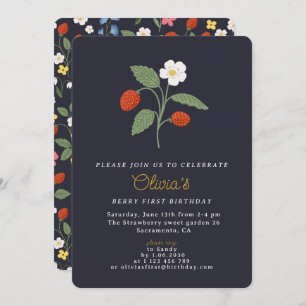 Navy Strawberry first birthday Invitation